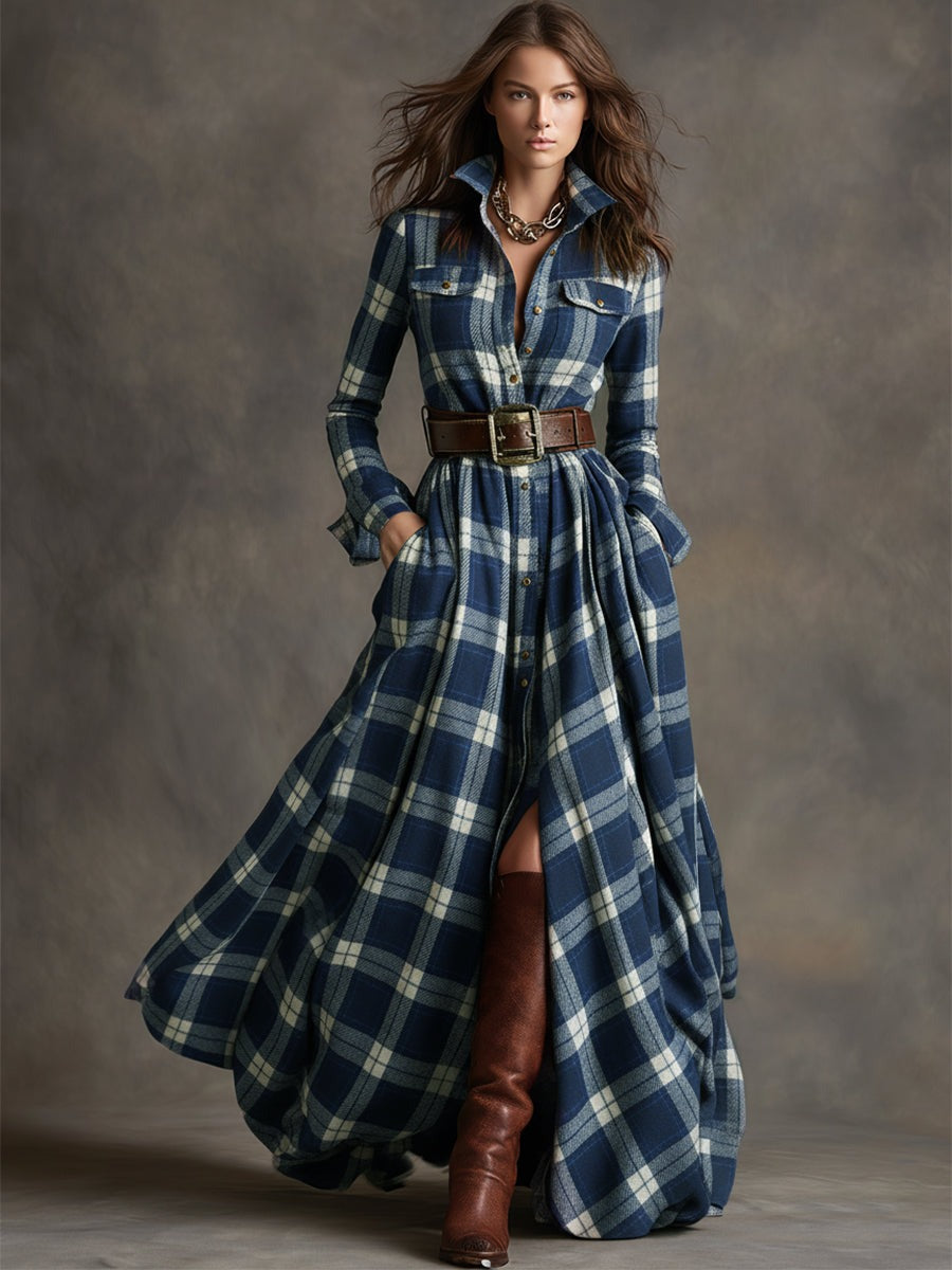 Retro Ethnic Style Lapel Blue Plaid Maxi Dress