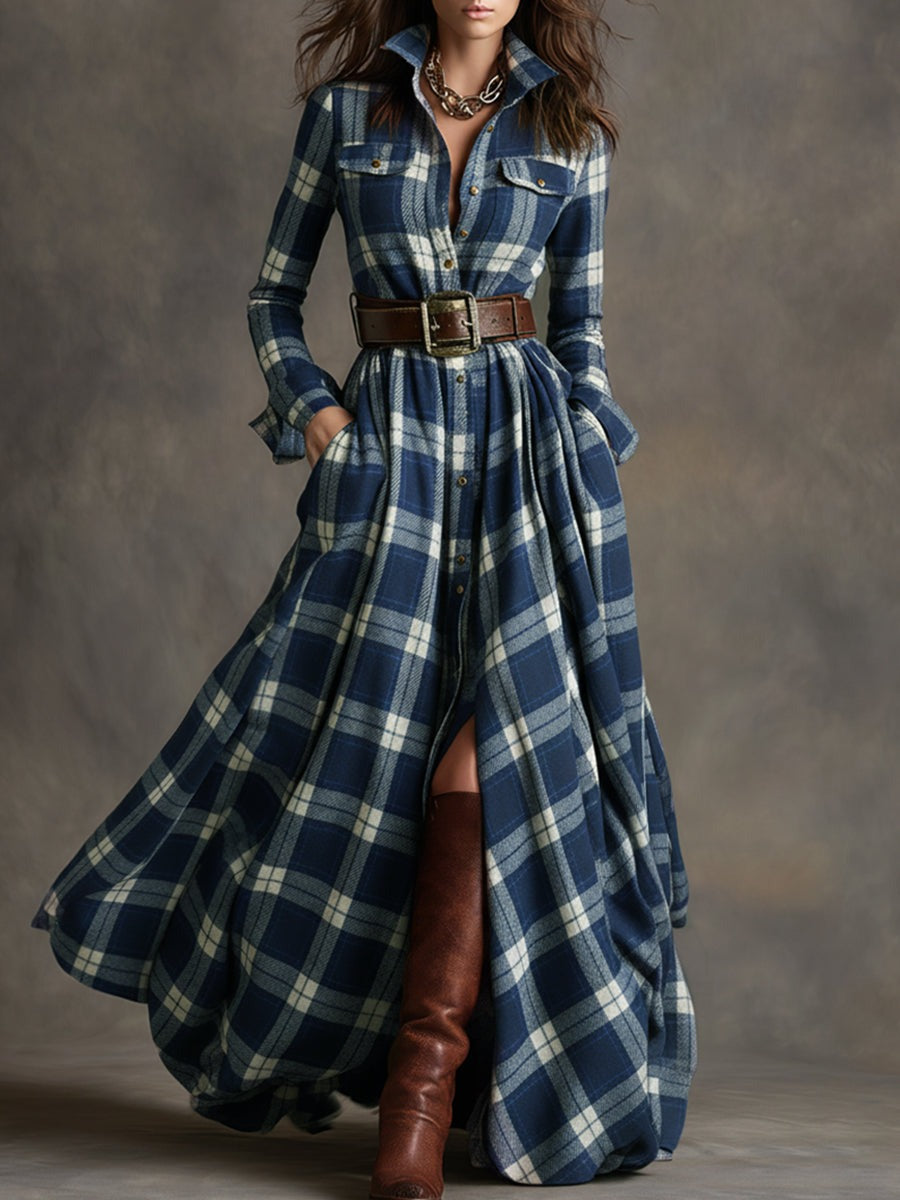 Retro Ethnic Style Lapel Blue Plaid Maxi Dress