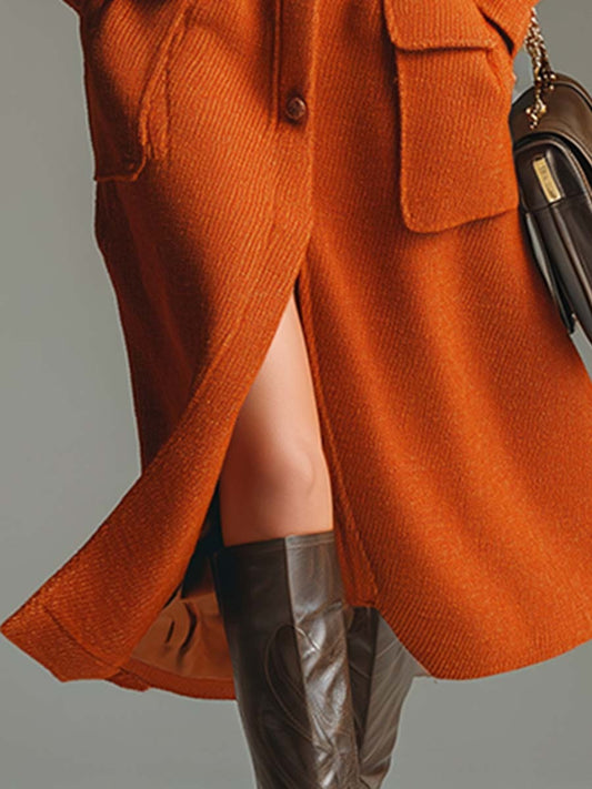 Elegant Urban Lapneck Orange Pocket Mid-length Coat