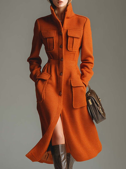 Elegant Urban Lapneck Orange Pocket Mid-length Coat