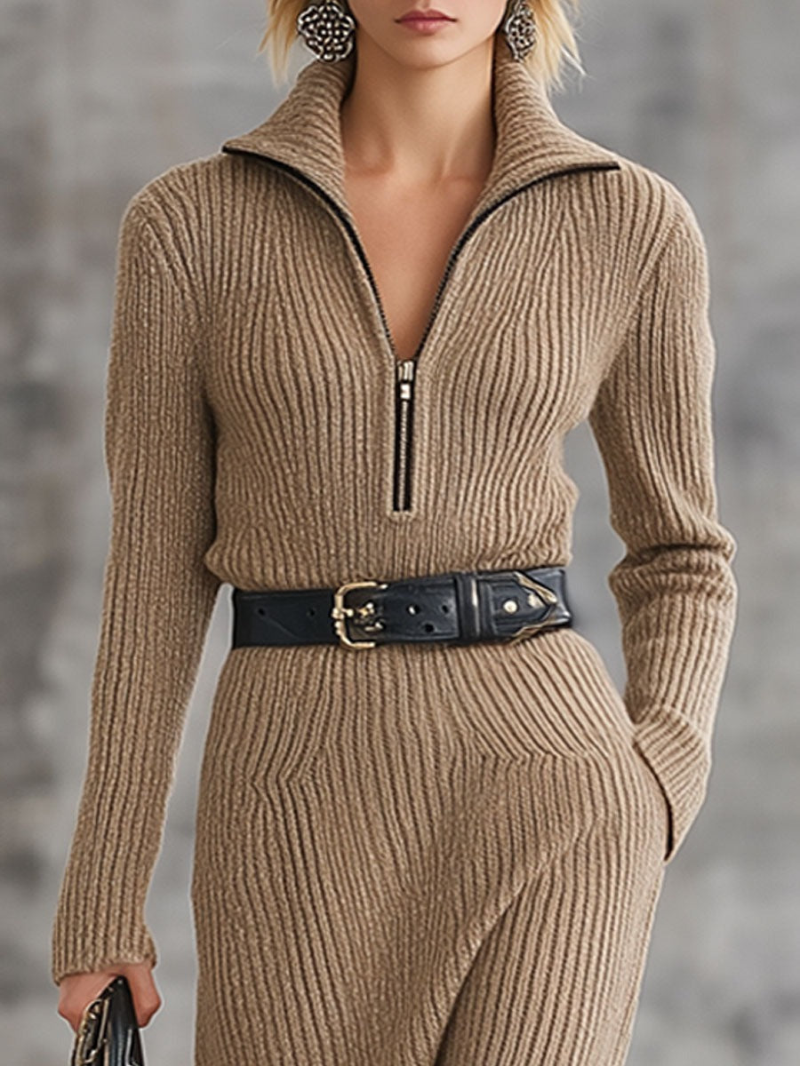 Fashion Retreat Lace-O Camel Knit Zipper Midi Dress