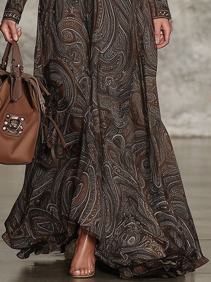 Fashion Retro Paisley Pattern Zipper Maxi Dress