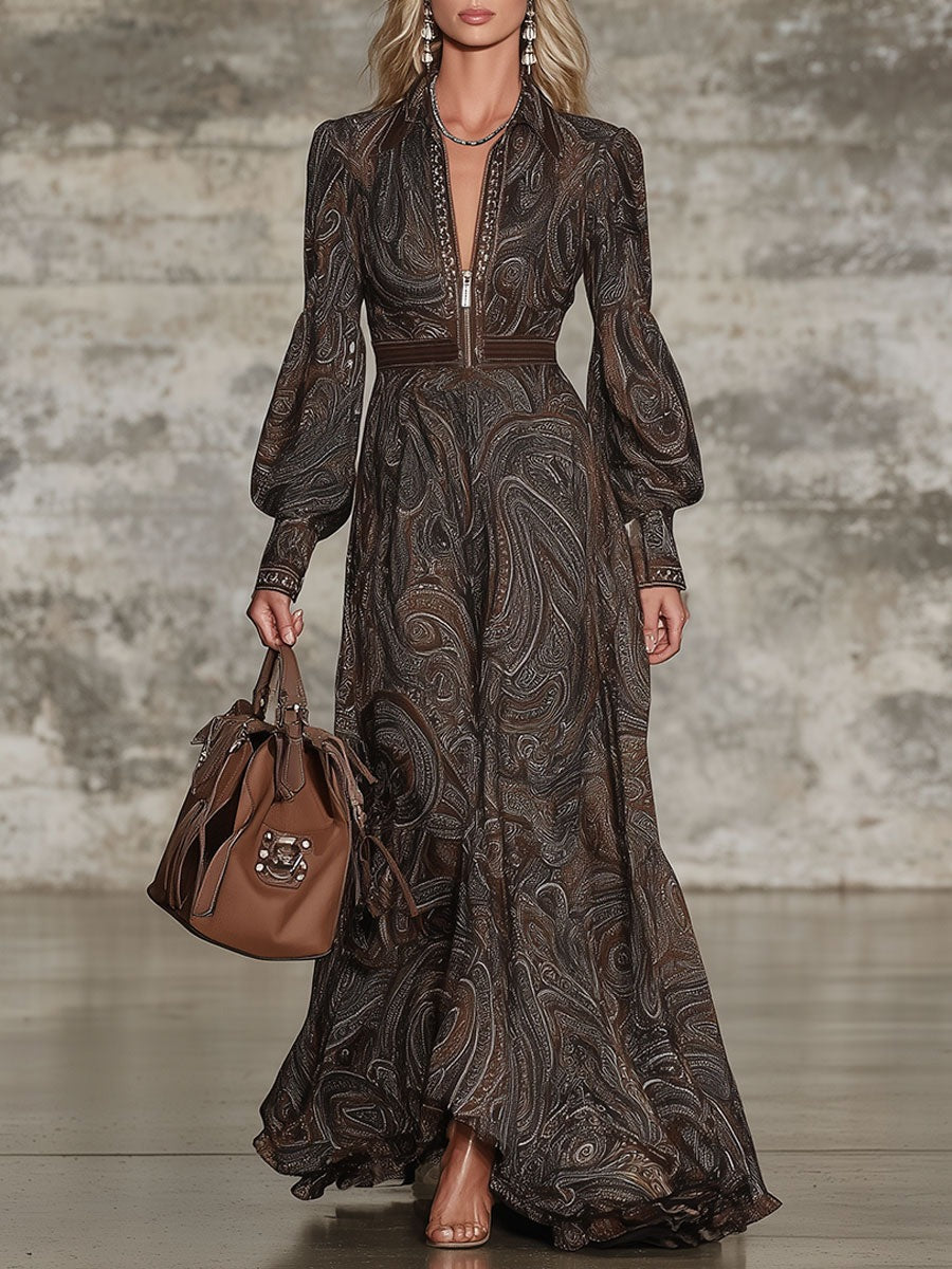 Fashion Retro Paisley Pattern Zipper Maxi Dress