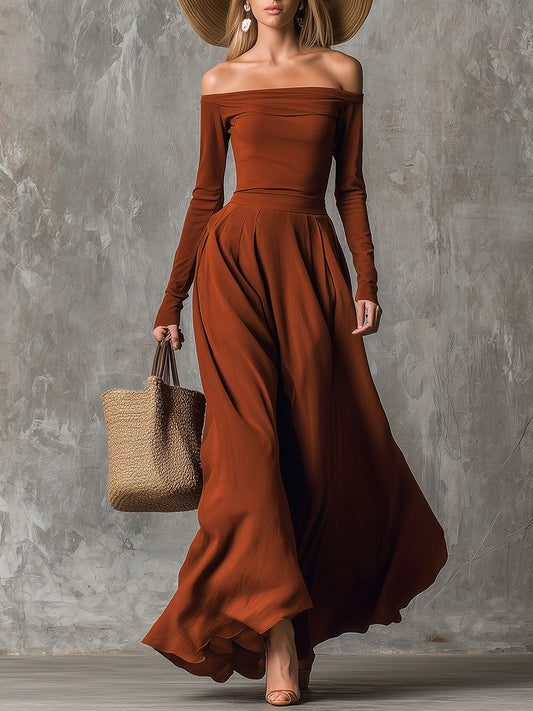 Fashion Retro Orange Off-The-Shoulder Maxi Dress