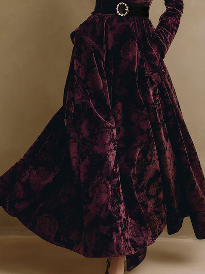 High-end Fashionable Velvet Jacquard Burgundy Maxi Dress