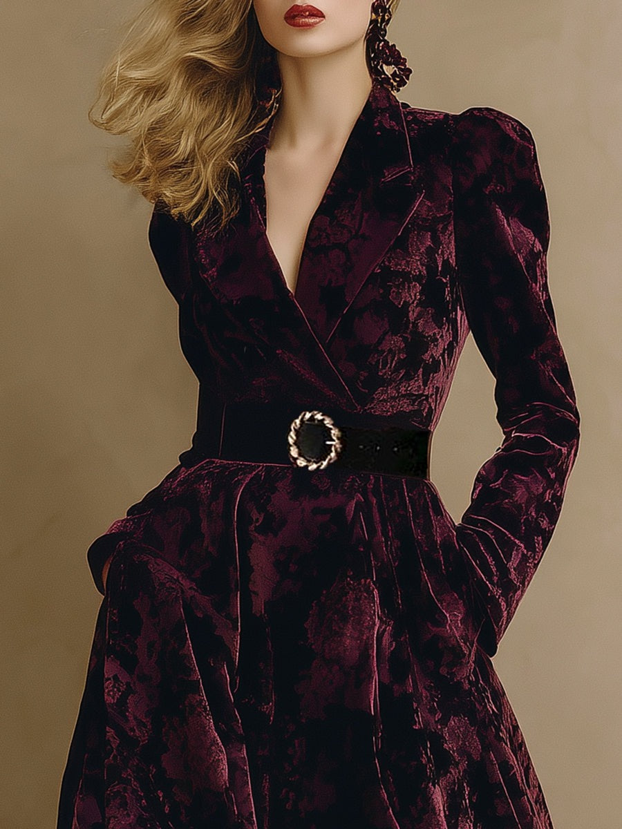 High-end Fashionable Velvet Jacquard Burgundy Maxi Dress