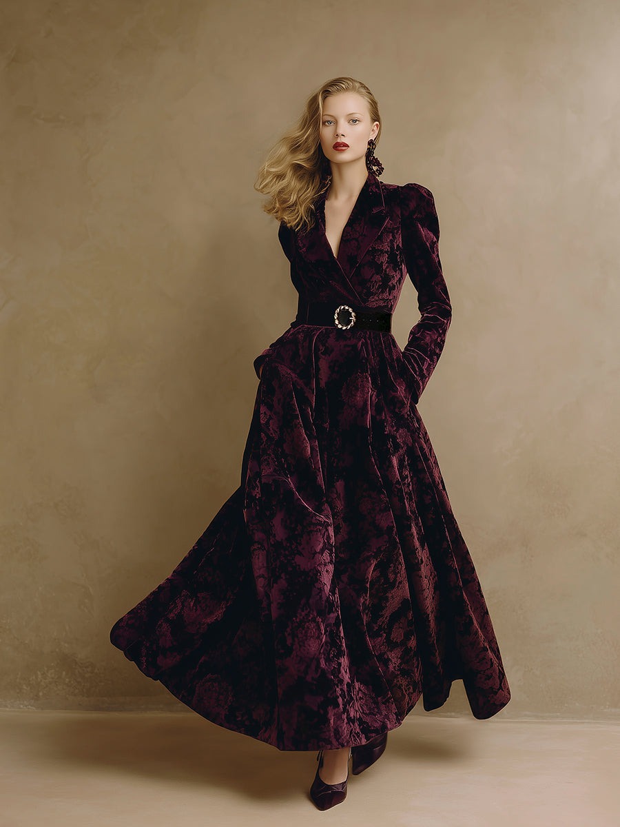 High-end Fashionable Velvet Jacquard Burgundy Maxi Dress