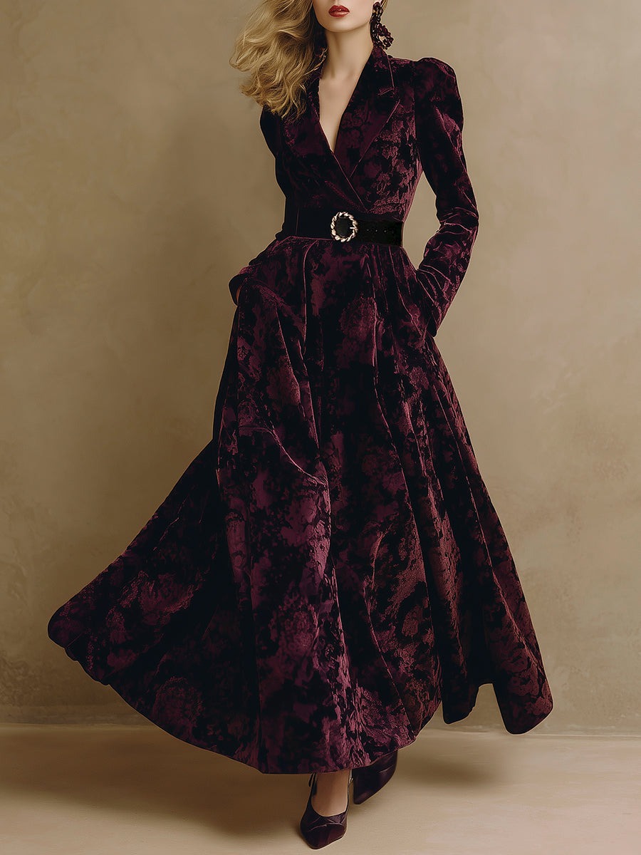 High-end Fashionable Velvet Jacquard Burgundy Maxi Dress