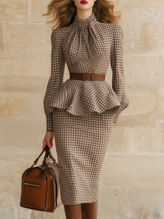 Retro And Fashionable Brown Houndstooth Top And Skirt Set