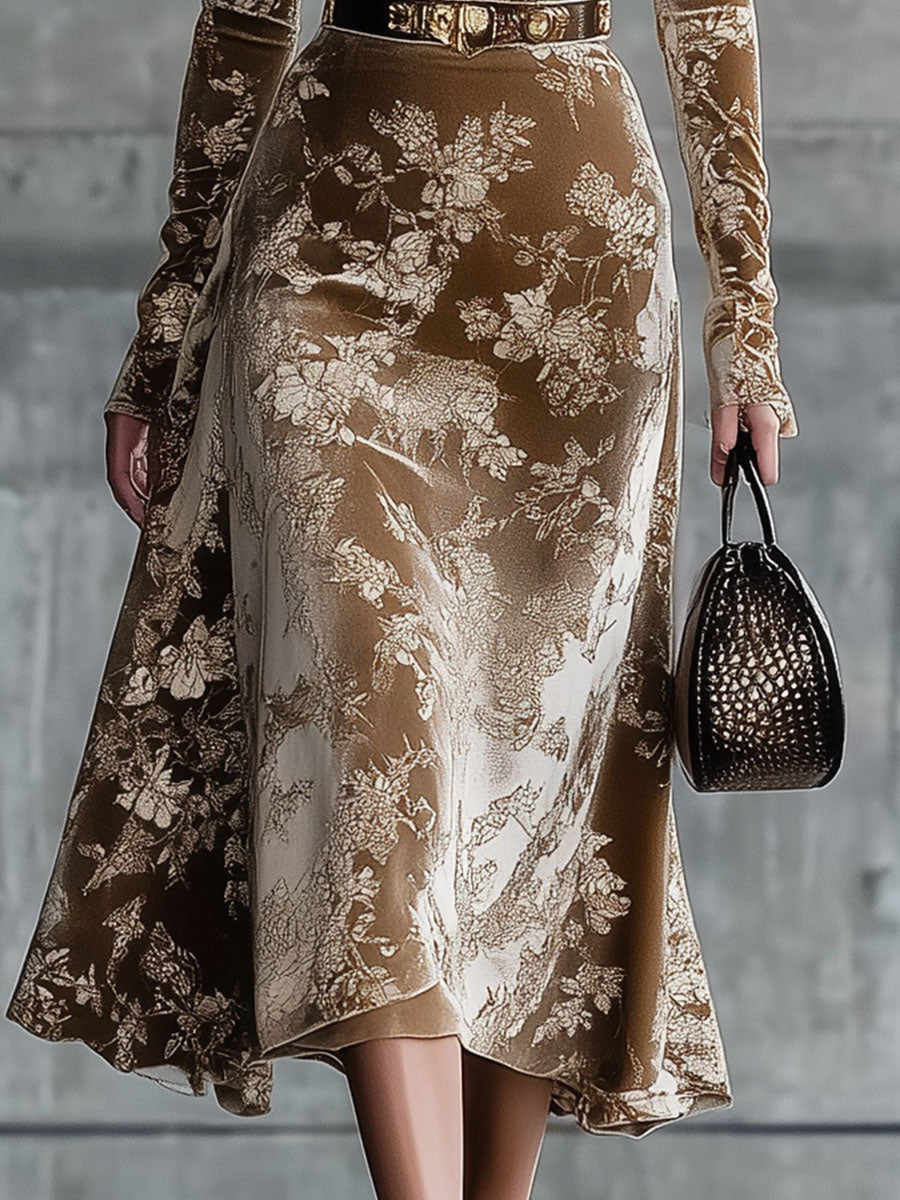 Fashion Retro Caramel Brown Velvet Print Midi Dress