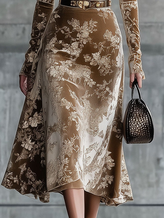 Fashion Retro Caramel Brown Velvet Print Midi Dress