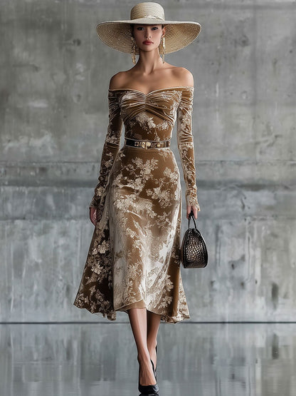 Fashion Retro Caramel Brown Velvet Print Midi Dress