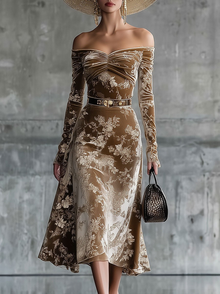 Fashion Retro Caramel Brown Velvet Print Midi Dress