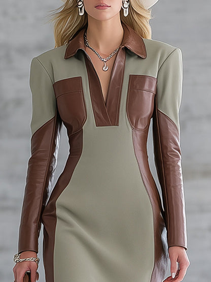 Casual Sports Moss Green Long-Sleeved Lapel Stitching Faux Leather Midi Dress