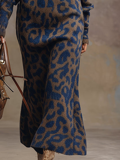 Retro Loose Blue And Brown Leopard Print Knitted Maxi Dress