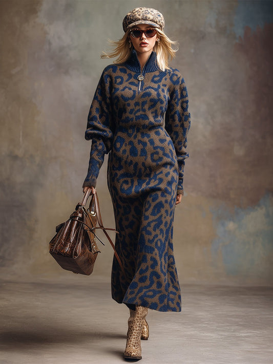 Retro Loose Blue And Brown Leopard Print Knitted Maxi Dress