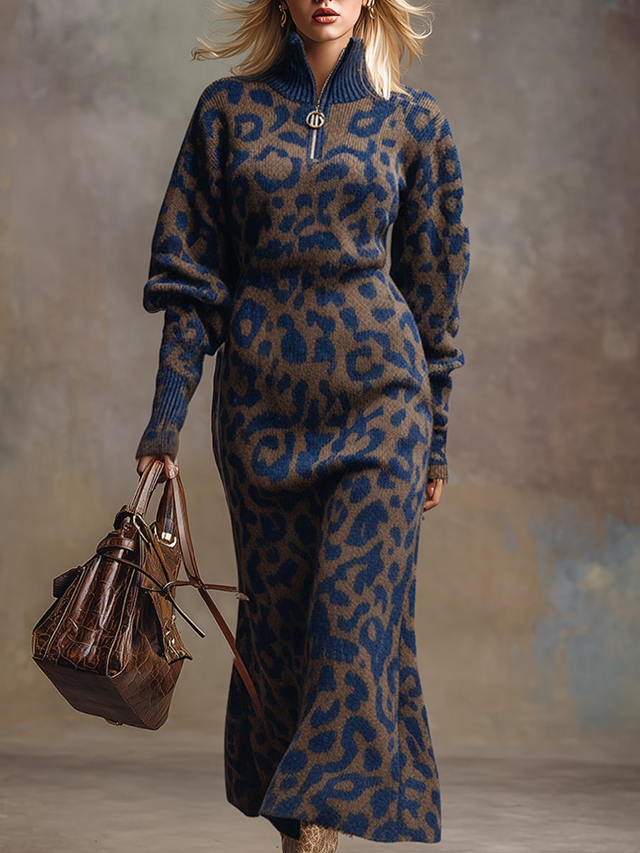 Retro Loose Blue And Brown Leopard Print Knitted Maxi Dress