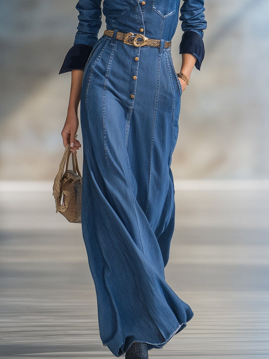 Handsome Retro Button Blue Denim Maxi Dress