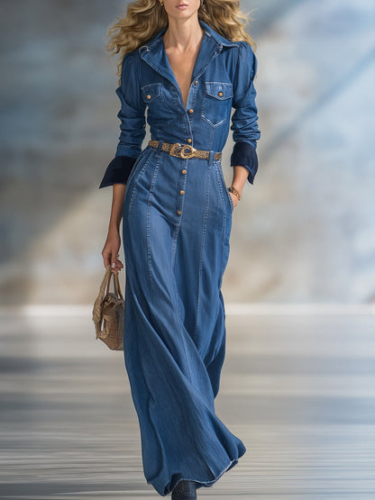 Handsome Retro Button Blue Denim Maxi Dress