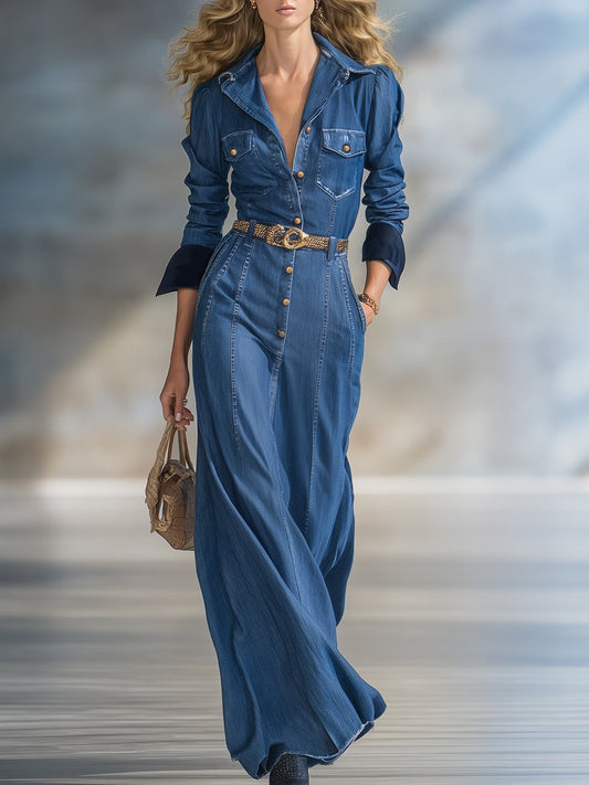 Handsome Retro Button Blue Denim Maxi Dress
