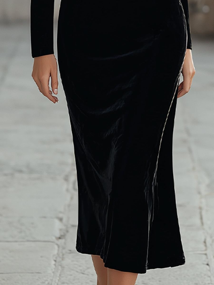 Black Velvet Plain Square Neck Midi Dress With Lace Insert For Elegant Evening Wear