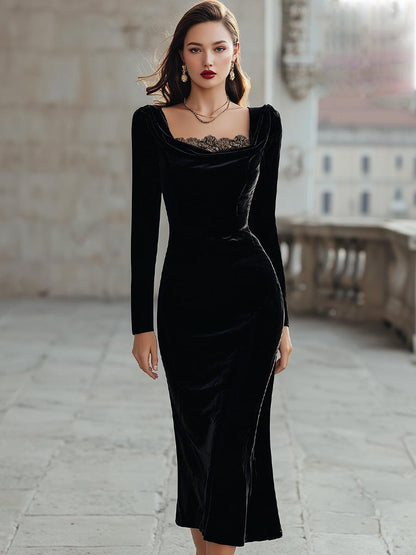 Black Velvet Plain Square Neck Midi Dress With Lace Insert For Elegant Evening Wear
