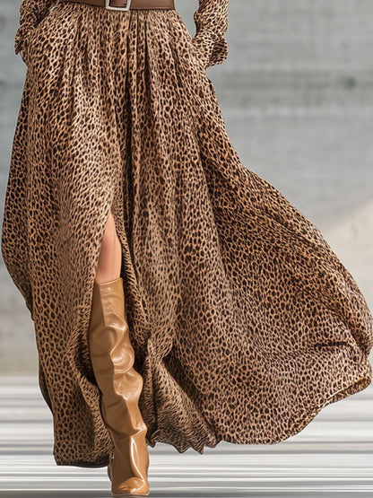 Wild Leopard Print Shirt Maxi Dress With High Slit