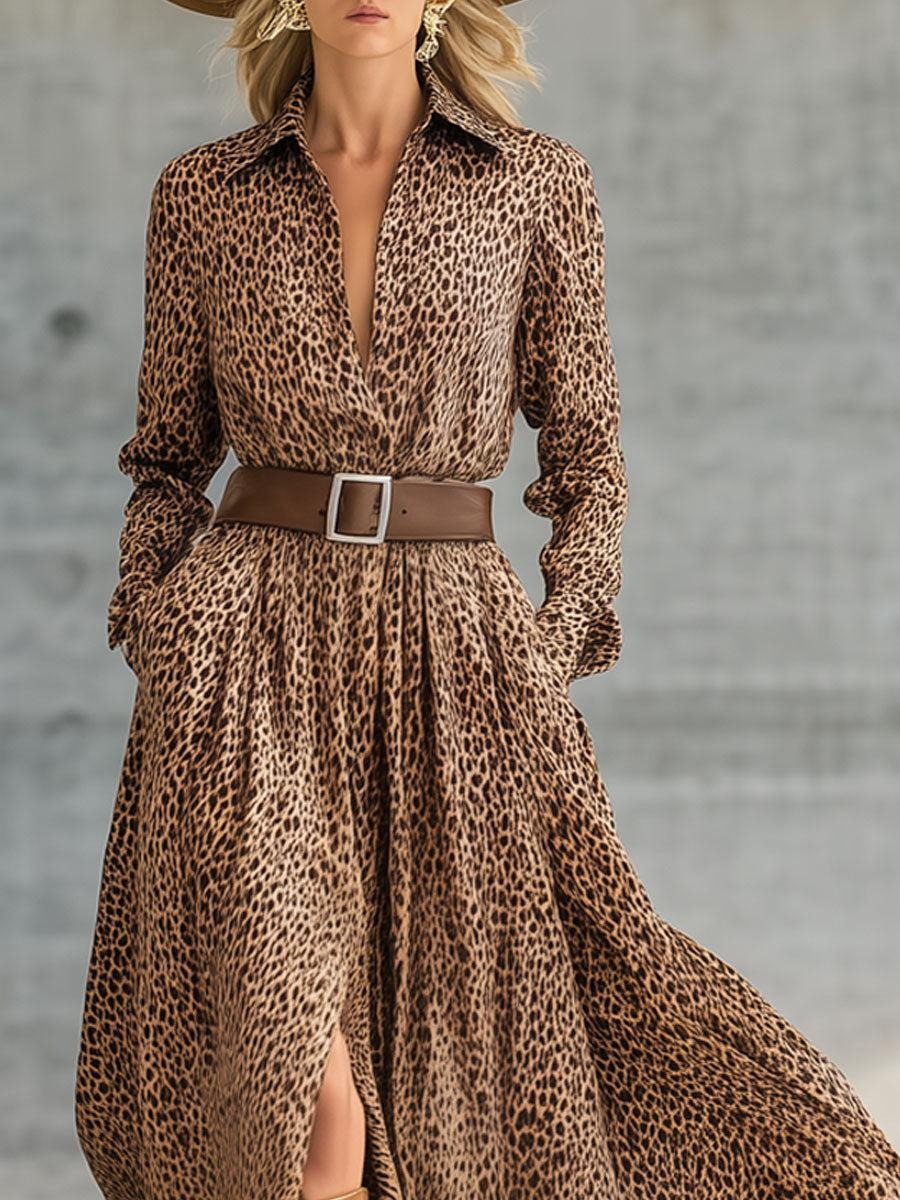 Wild Leopard Print Shirt Maxi Dress With High Slit
