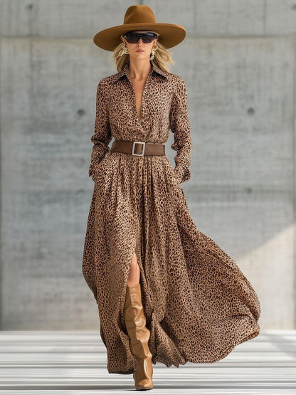 Wild Leopard Print Shirt Maxi Dress With High Slit