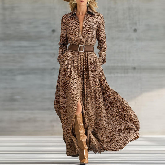 Wild Leopard Print Shirt Maxi Dress With High Slit