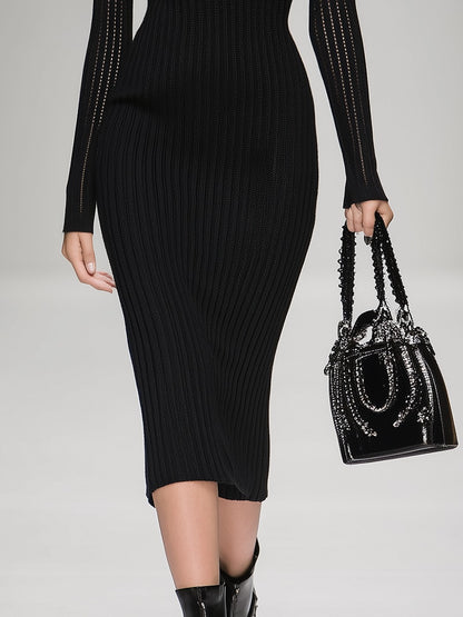 Elegant Knit Ribbed Long Sleeve Midi Dress
