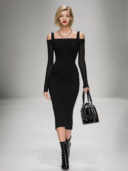 Elegant Knit Ribbed Long Sleeve Midi Dress