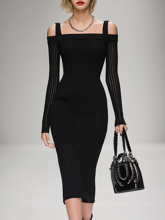 Elegant Knit Ribbed Long Sleeve Midi Dress