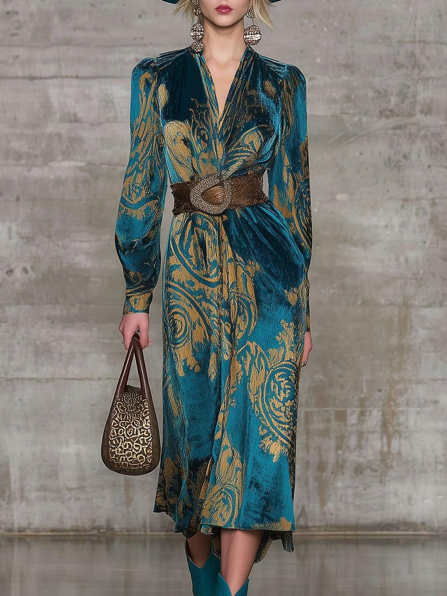 Teal Velvet Long Sleeve Mid Dress With Belted Waist