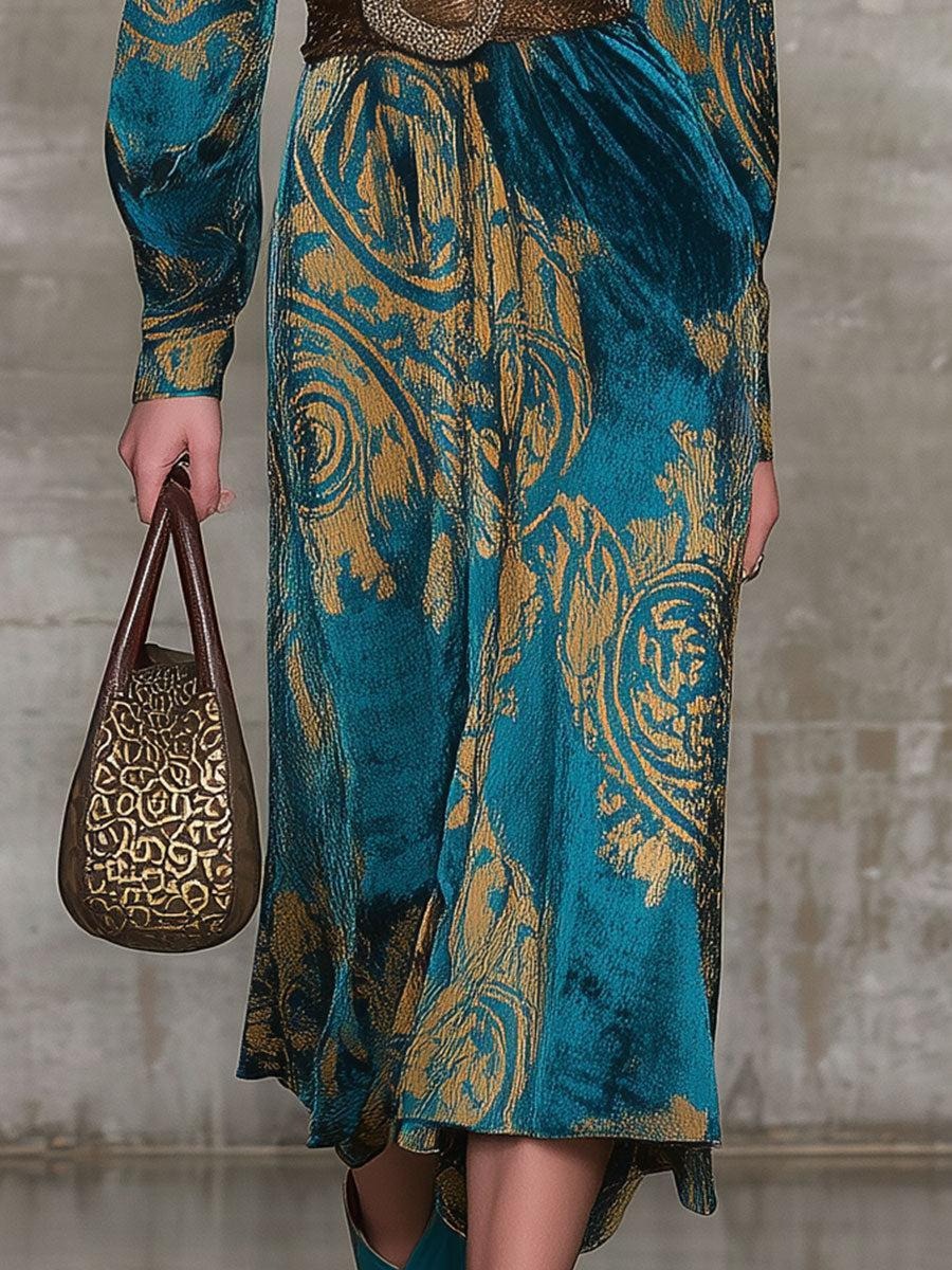 Teal Velvet Long Sleeve Mid Dress With Belted Waist