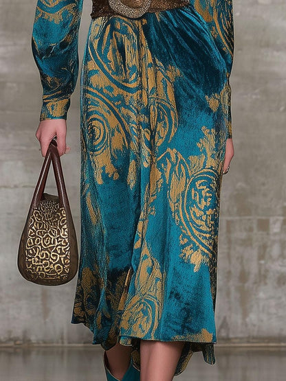 Teal Velvet Long Sleeve Mid Dress With Belted Waist