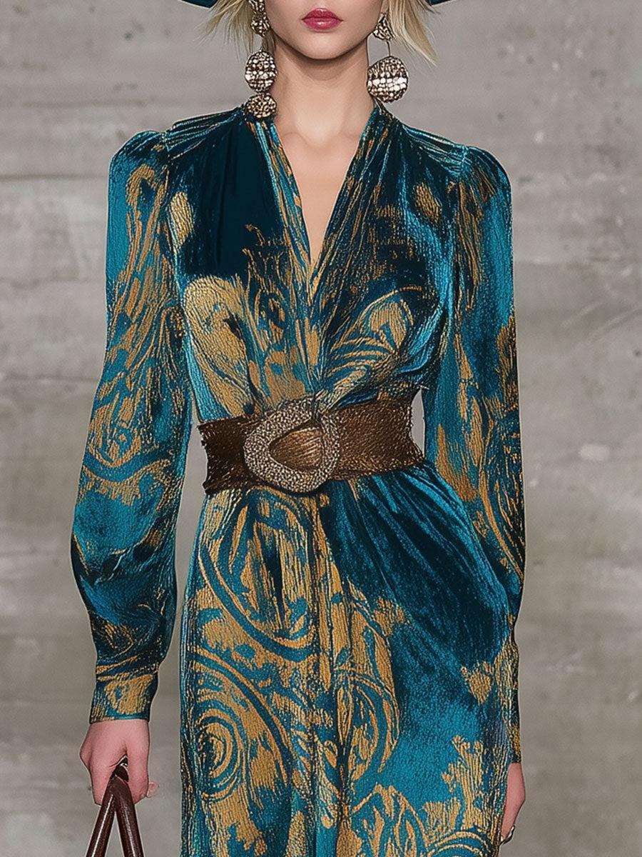 Teal Velvet Long Sleeve Mid Dress With Belted Waist