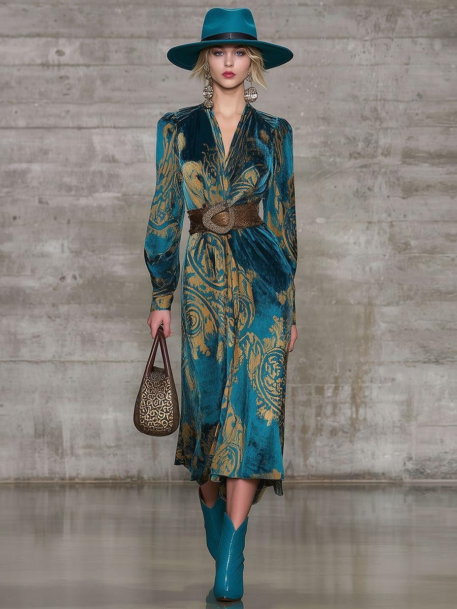 Teal Velvet Long Sleeve Mid Dress With Belted Waist