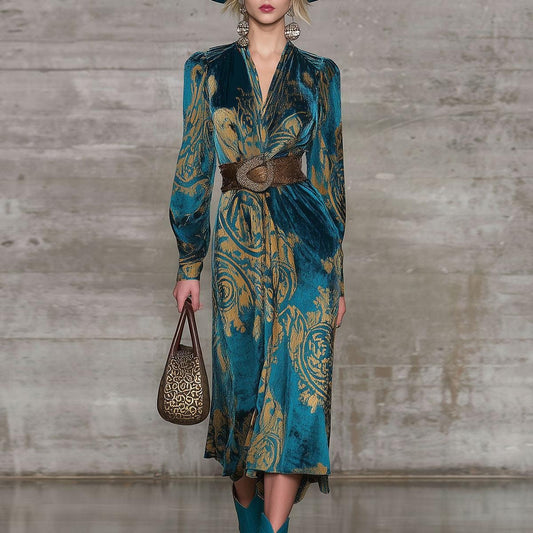 Teal Velvet Long Sleeve Mid Dress With Belted Waist