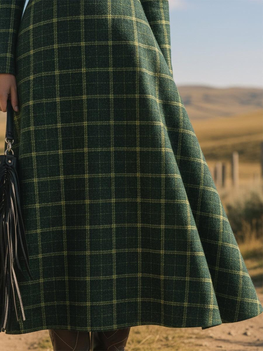 Fresh Green Plaid Long Sleeve V-Neck Midi Dress