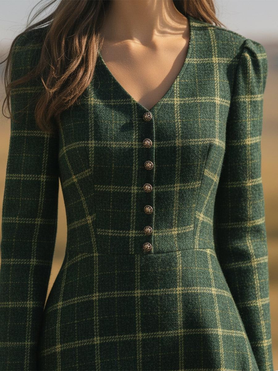 Fresh Green Plaid Long Sleeve V-Neck Midi Dress