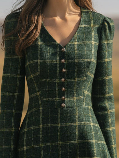 Fresh Green Plaid Long Sleeve V-Neck Midi Dress