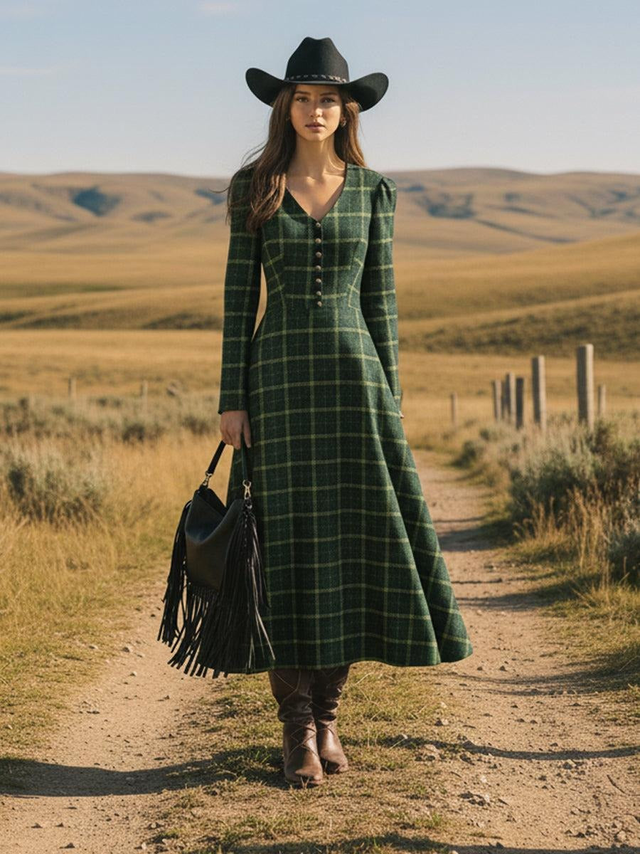Fresh Green Plaid Long Sleeve V-Neck Midi Dress