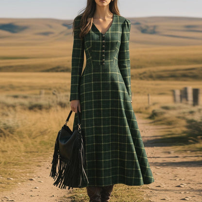 Fresh Green Plaid Long Sleeve V-Neck Midi Dress