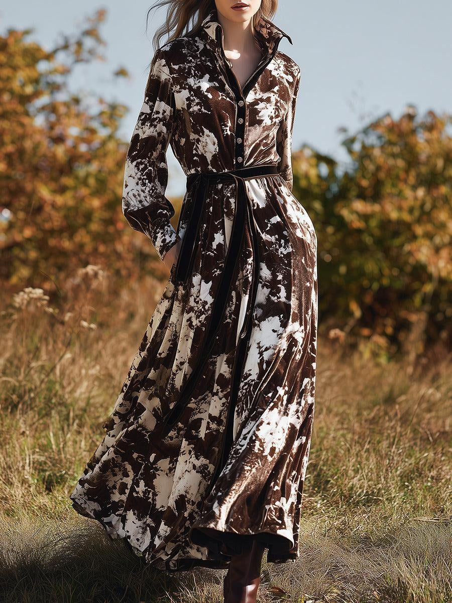 Coffee Long Sleeve Tie Dye Velvet Maxi Dress With Belted Waist