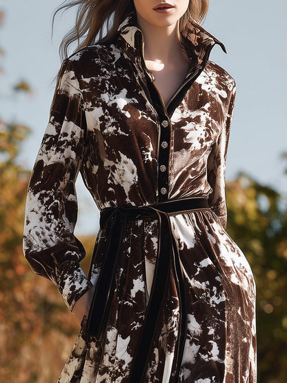 Coffee Long Sleeve Tie Dye Velvet Maxi Dress With Belted Waist