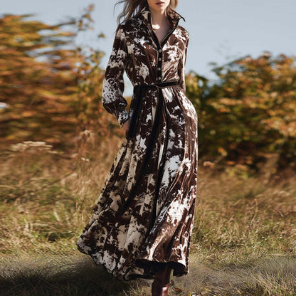 Coffee Long Sleeve Tie Dye Velvet Maxi Dress With Belted Waist
