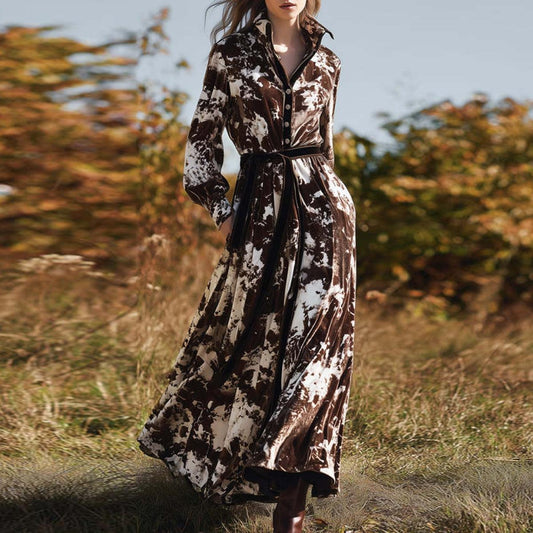 Coffee Long Sleeve Tie Dye Velvet Maxi Dress With Belted Waist