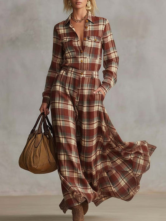 Red Check Long Sleeve Shirt Maxi Dress