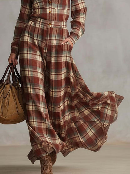 Red Check Long Sleeve Shirt Maxi Dress
